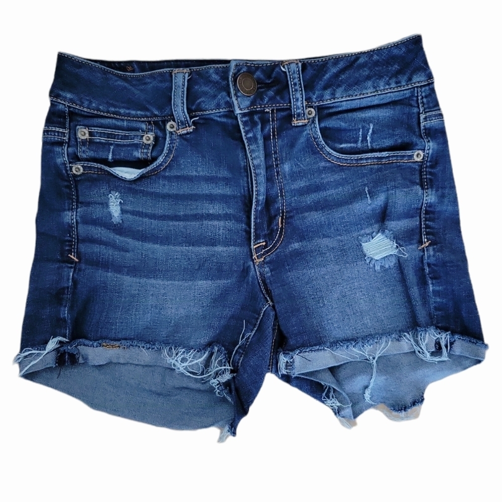 American Eagle hi-rise blue roll up rip hem shorts super super stretch size 2